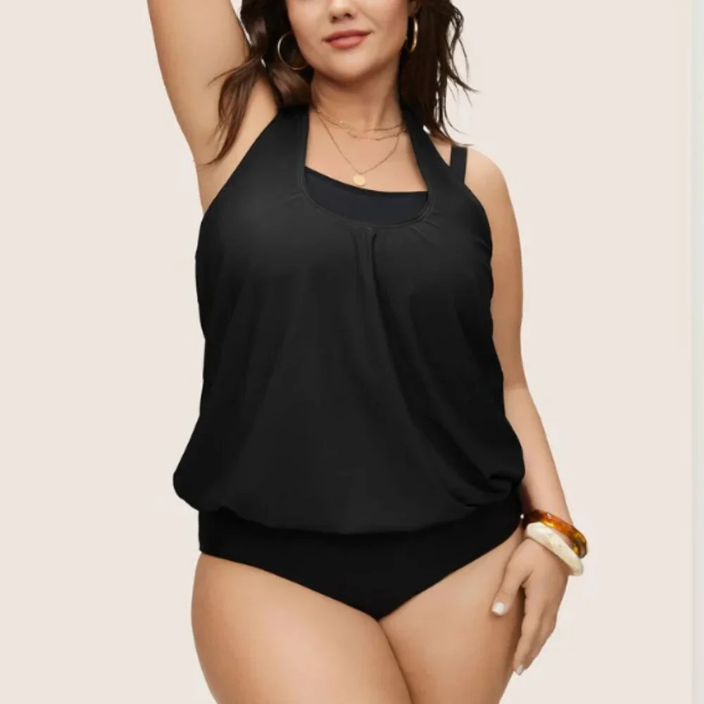 BloomChic Plus size  Contrast Halter Bowknot Patchwork One Piece Swimsuit 3XL